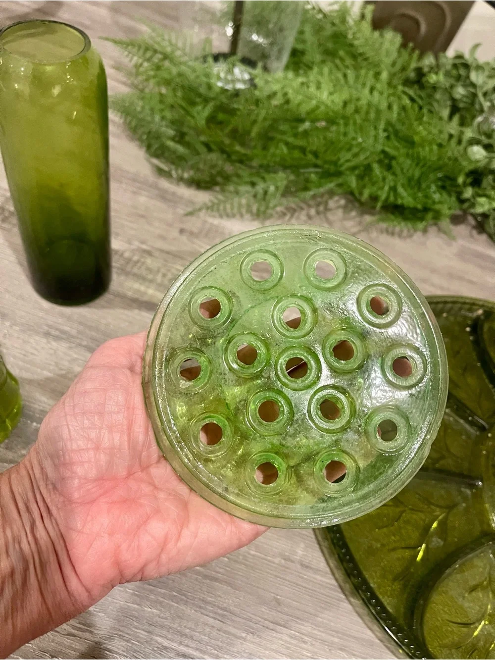 Etienne Aigner Olive Green Glass Divided Serving Platter, Vases and Flower divid